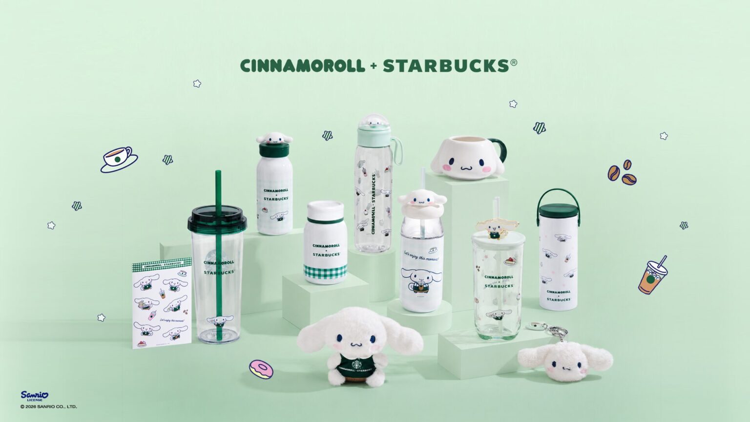Assortment of Starbucks x Cinnamoroll collab drink ware in front of a green background