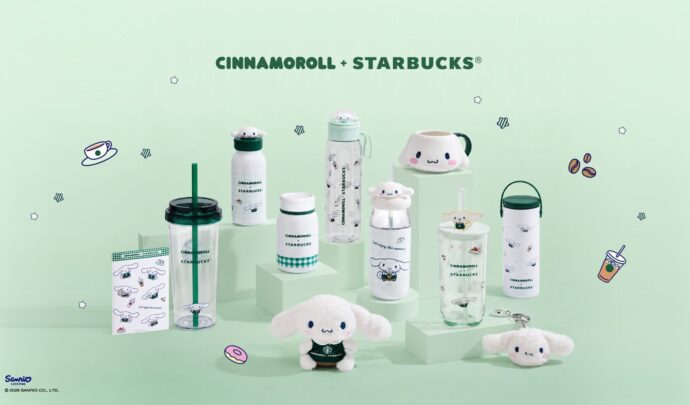 Assortment of Starbucks x Cinnamoroll collab drink ware in front of a green background