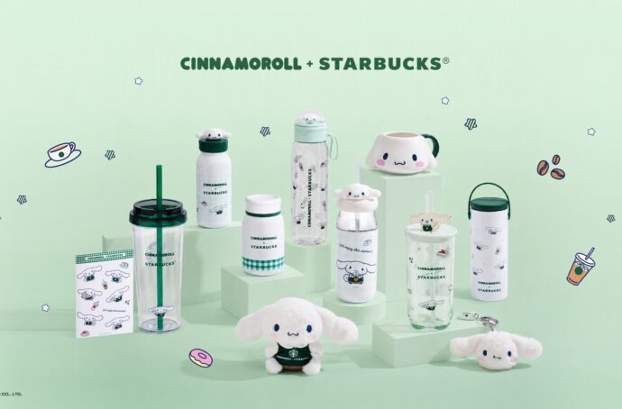 Assortment of Starbucks x Cinnamoroll collab drink ware in front of a green background