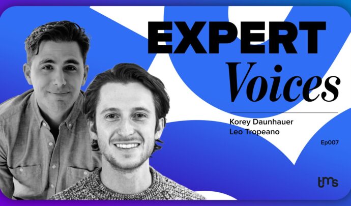 Expert Voices graphic with headshots of Leo Tropeano and Korey Daunhauer on the left, with the text "Expert Voices episode 7" on the right in front of a blue patterned background