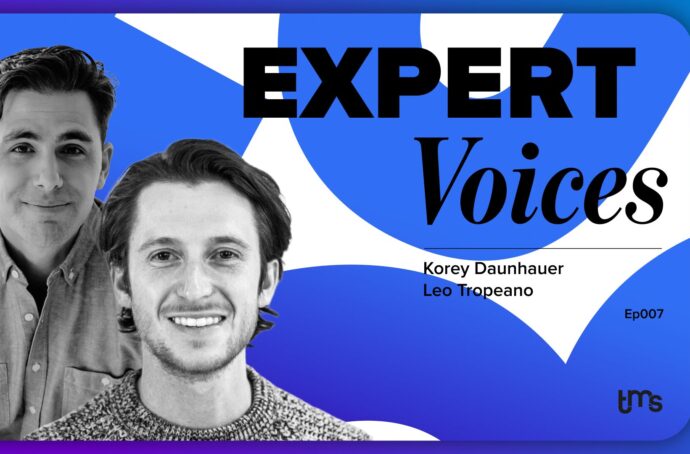 Expert Voices graphic with headshots of Leo Tropeano and Korey Daunhauer on the left, with the text "Expert Voices episode 7" on the right in front of a blue patterned background
