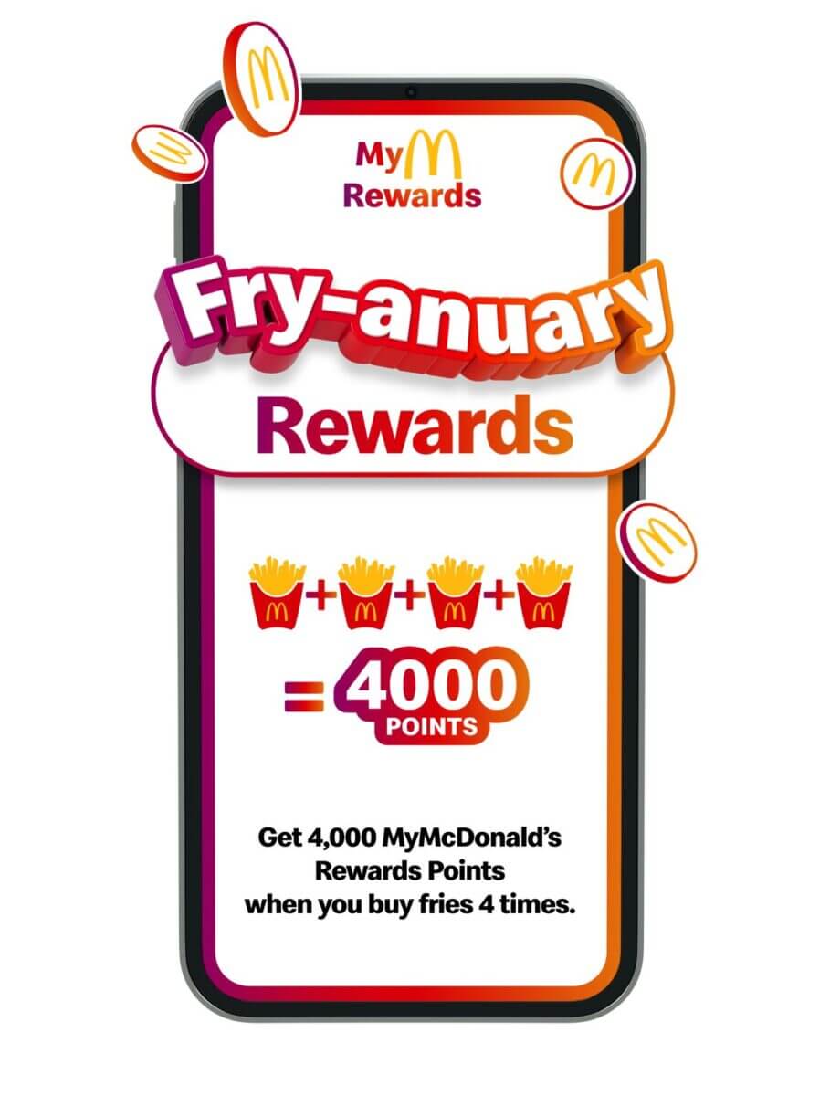 Écran de téléphone avec des frites et le texte "fryanuary rewards".
