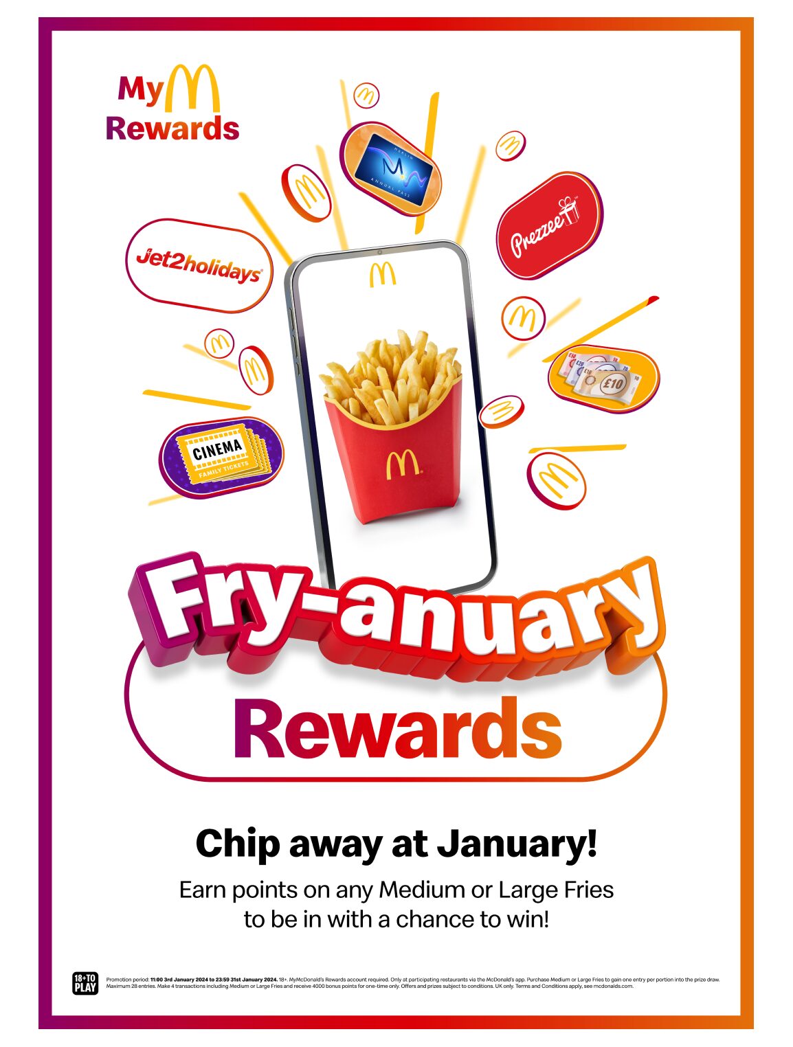 Poster of Fryanuary rewards with a phone and prizes coming out of the center