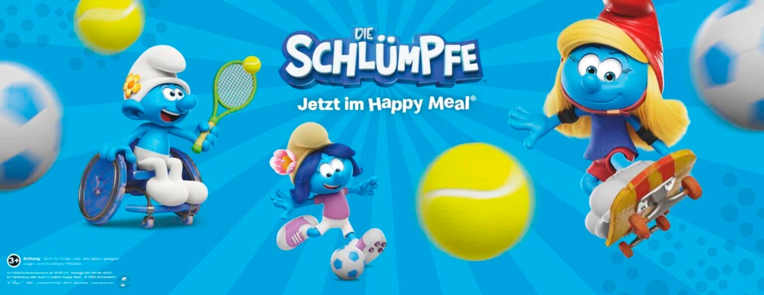 Affiche Schtroumpfs et Happy Meal avec des personnages Schtroumpfs et des balles de tennis