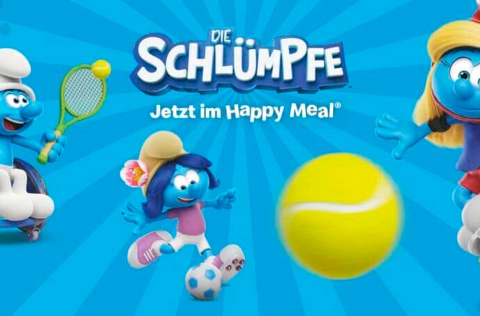 Smurfs Happy Meal poster with Smurf characters and tennis balls