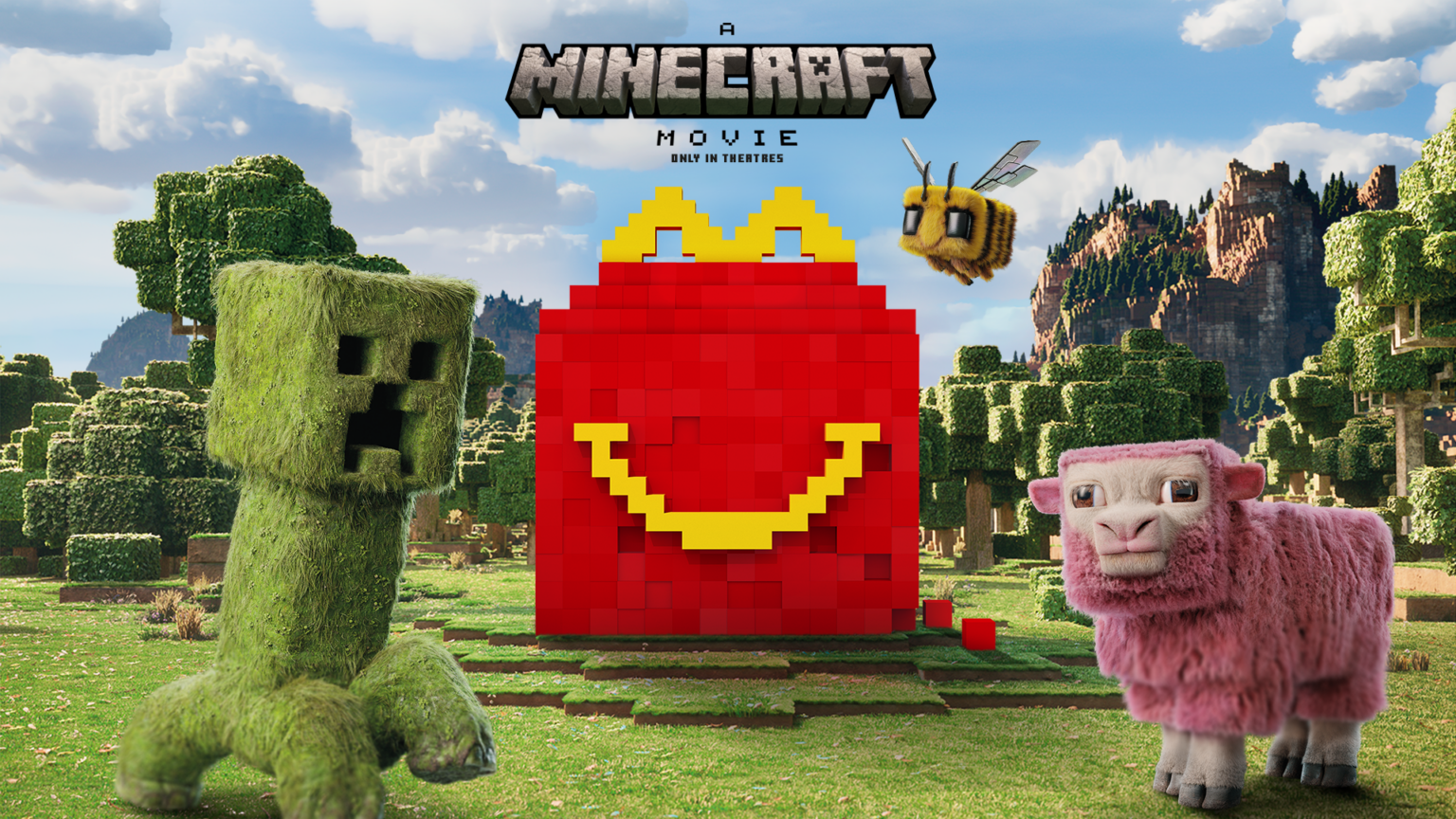 Affiche du Happy Meal Minecraft avec une boîte Happy Meal et deux personnages Minecraft de chaque côté