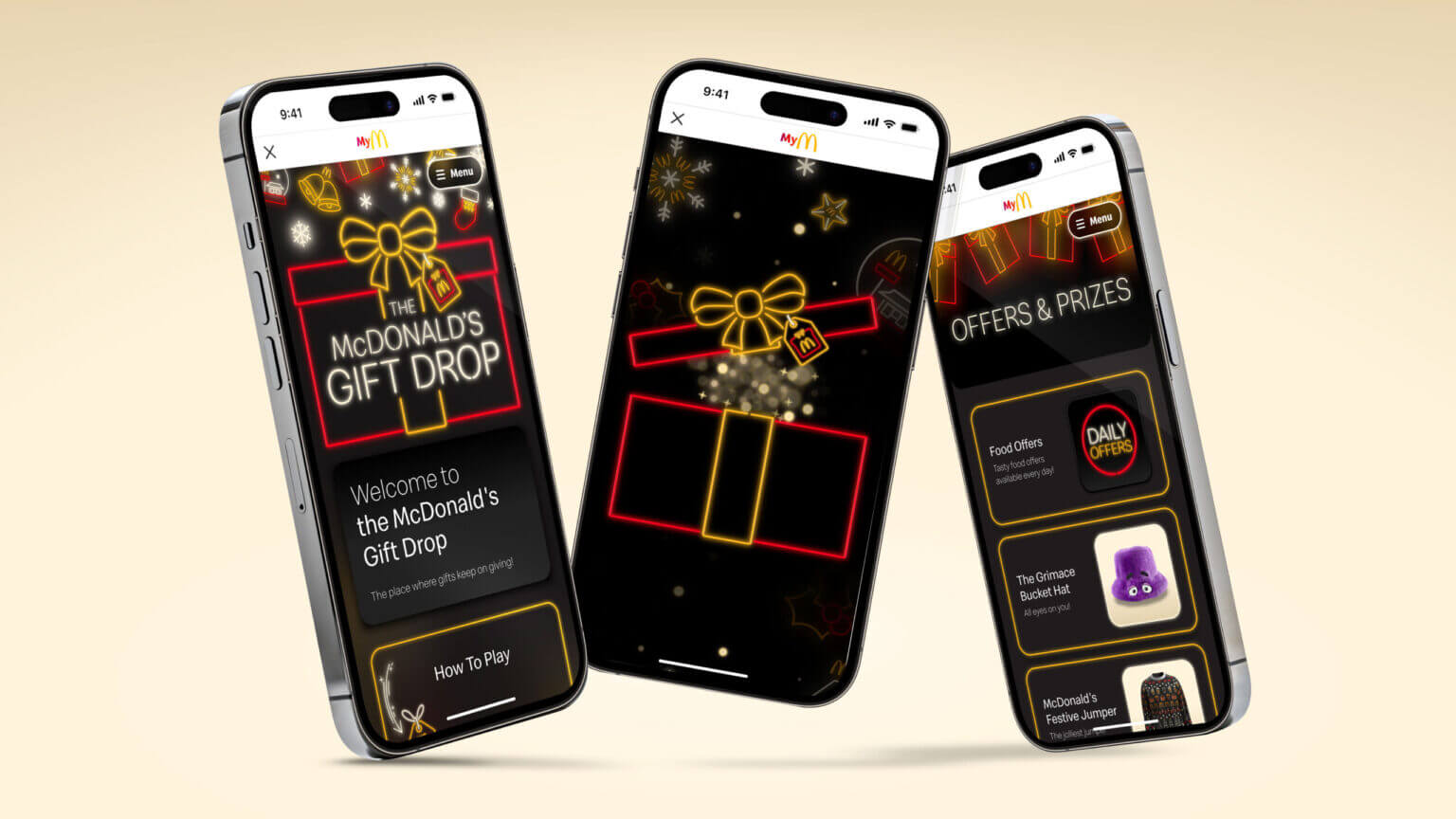 3 écrans d’iPhone avec l’interface du Gift Drop de McDonald’s