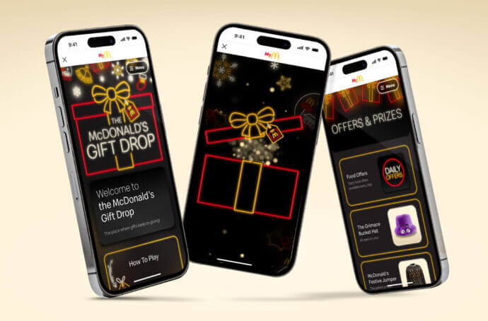 3 écrans d’iPhone avec l’interface du Gift Drop de McDonald’s