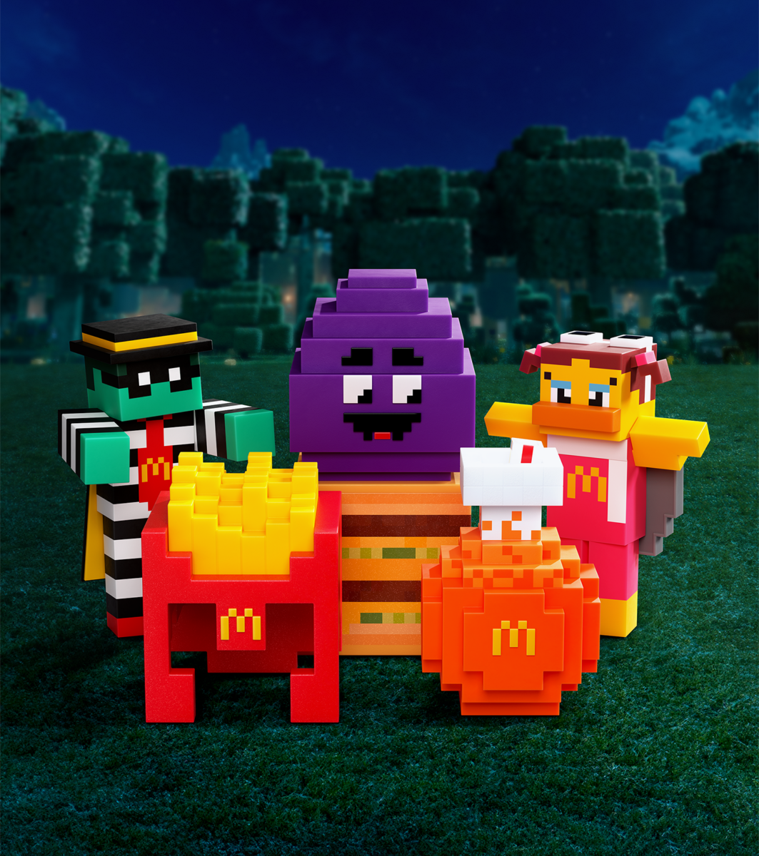 Lineup of Minecraft Movie Meal collectible toys