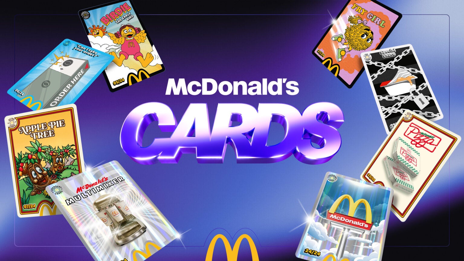 McDonald's Cards UK promotional poster with eight cards featured