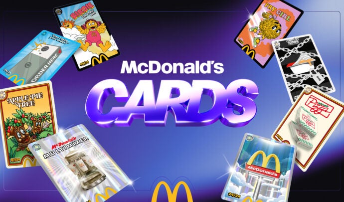 Affiche promotionnelle de McDonald's Cards UK avec huit cartes présentées