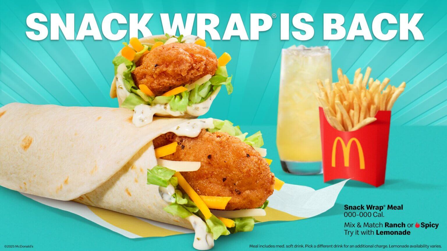 Affiche bleue avec le Snack Wrap McDonald's et le texte « Le Snack Wrap est de retour »