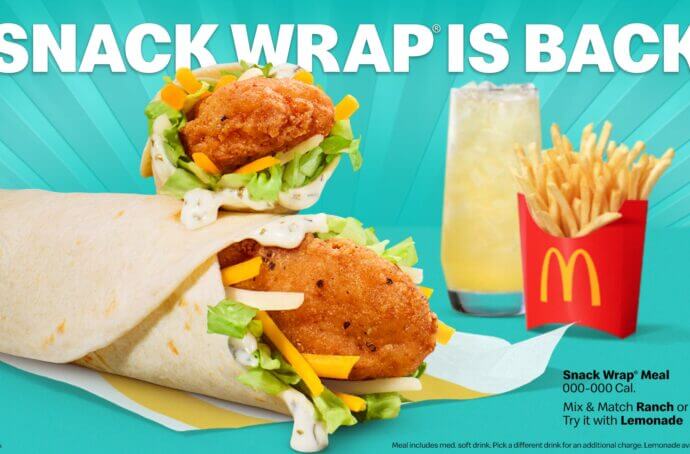 Blue poster with the McDonald's snack wrap and the text, "Snack Wrap is back"