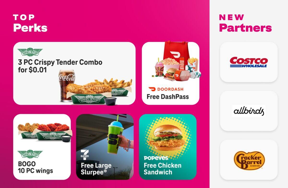 A pink graphic with an array of partner prizes listed,, including Wingstop wings, a DoorDash pass, 7/11 slurpee, and a Popeyes chicken sandwich