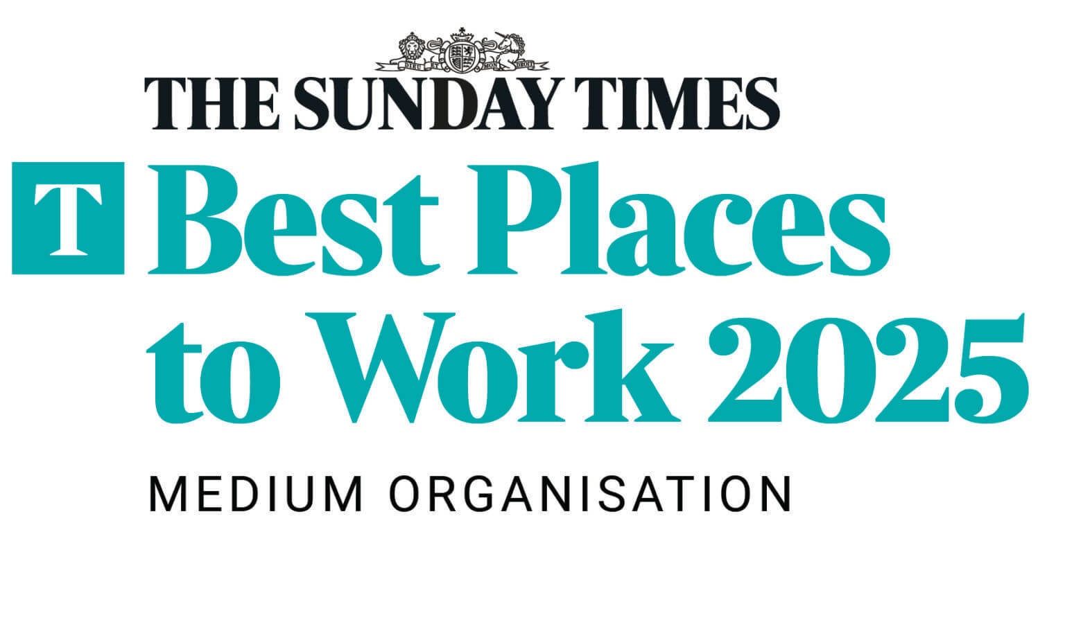 Fond blanc avec le texte « The Sunday Times Best Places to Work 2025 Medium Organization » en noir et vert