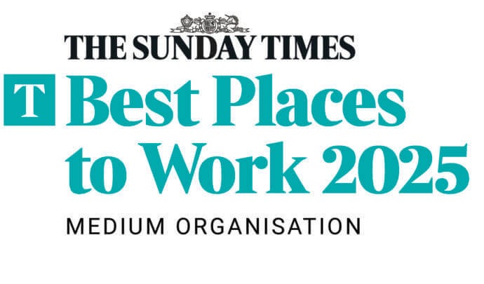 White background with the text "The Sunday Times Best Places to Work 2025 Medium Organization" in black and green