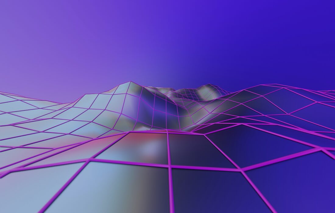 Digitally rendered image of grey grid waves in a purple background