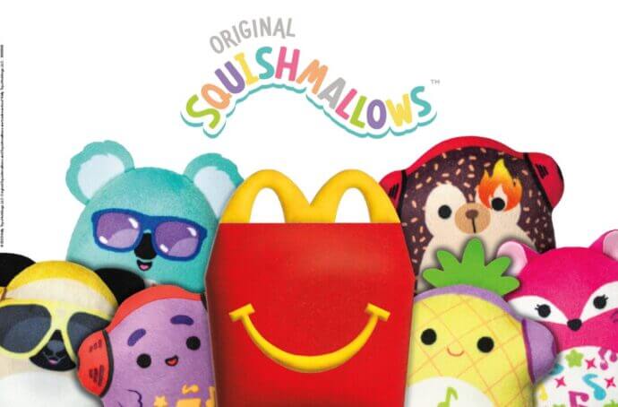Affiche du Squishmallows Happy Meal avec le logo, la boîte Happy Meal et les jouets Squishmallows autour