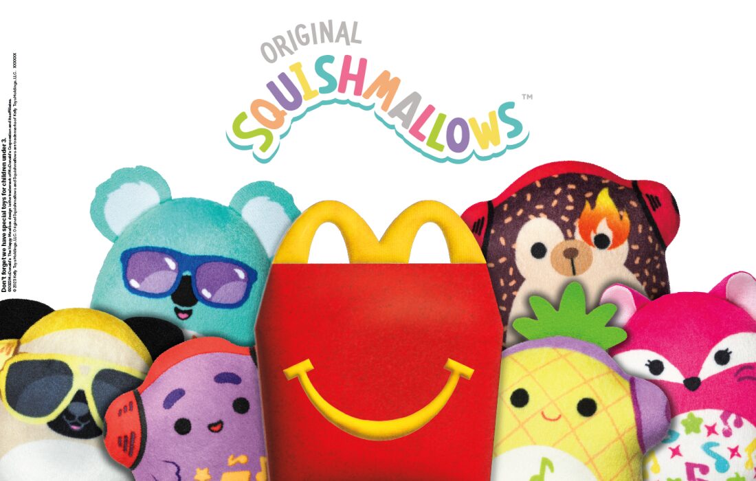The Squishmallows Happy Meal poster with the logo, Happy Meal Box, and squishmallows toys surrounding