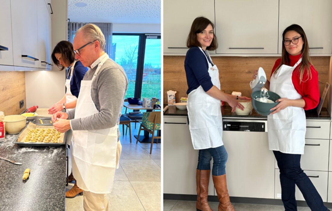 2 separate photos; on the left a man and woman are baking, and on the right two women hold a mixing bowl