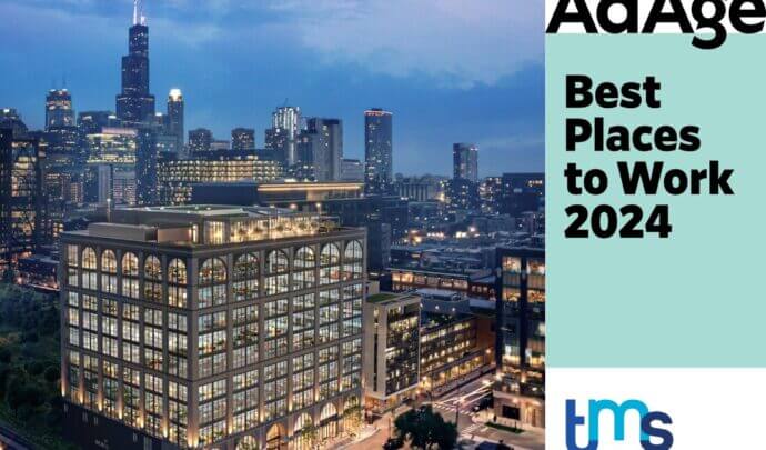 Rendering of tms Chicago HQ with the Ad Age best places to work 2024 logo