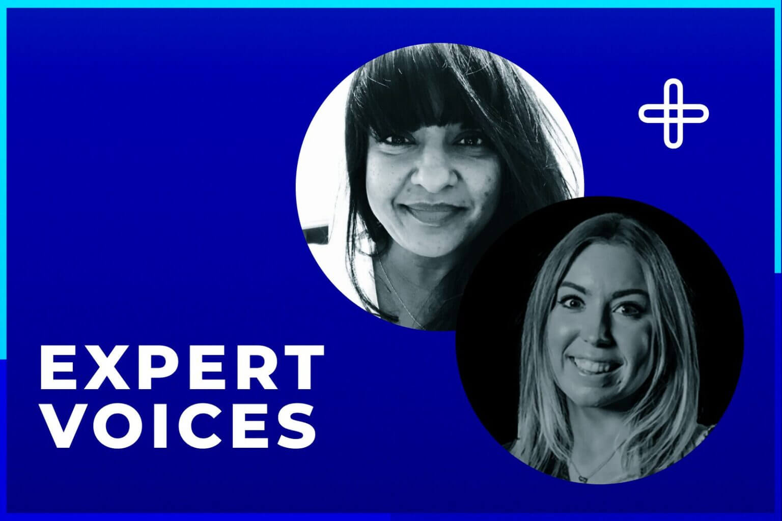Blue background with two headshots and the text "Expert Voices"