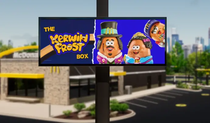 Large sign of the Kerwin Frost Meal and characters with McDonald's store in the background