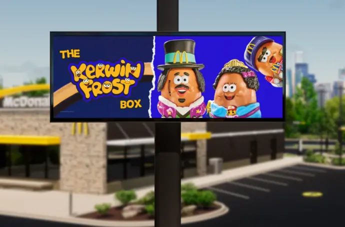 Grande enseigne du Kerwin Frost Meal et de ses personnages avec le magasin McDonald's en arrière-plan