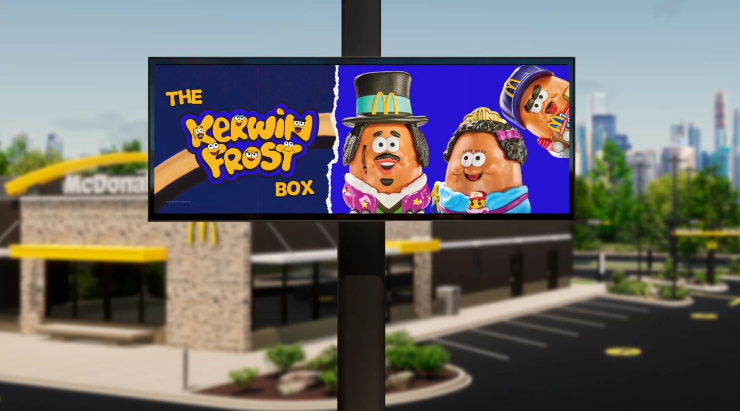Large sign of the Kerwin Frost Meal and characters with McDonald's store in the background