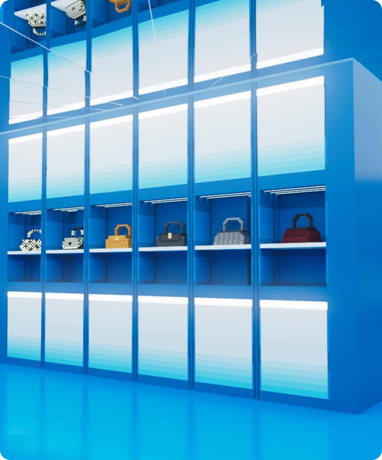 Display wall of handbags in a bright blue showroom.