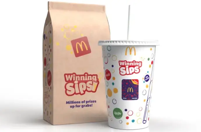 Image of a McDonald's paper Winning Sips bag and soda cup