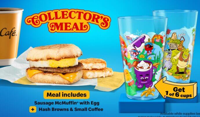 Affiche promotionnelle McDonald’s Collector’s avec un petit-déjeuner et deux verres