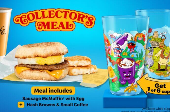 Affiche promotionnelle McDonald’s Collector’s avec un petit-déjeuner et deux verres