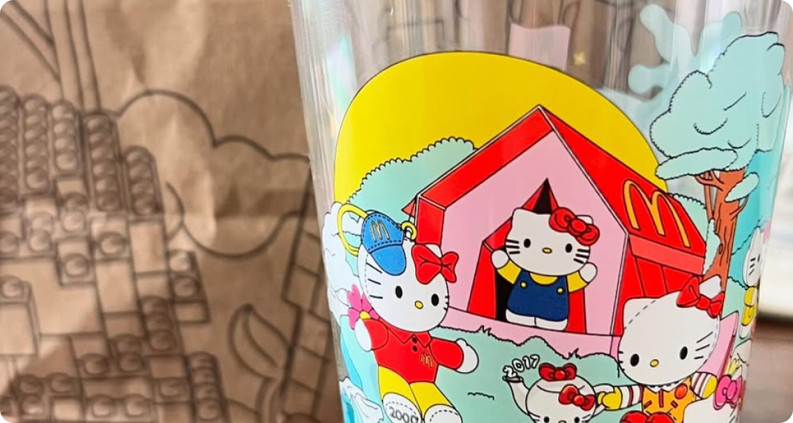 Hello Kitty themed McDonald’s cup with colorful character illustrations.