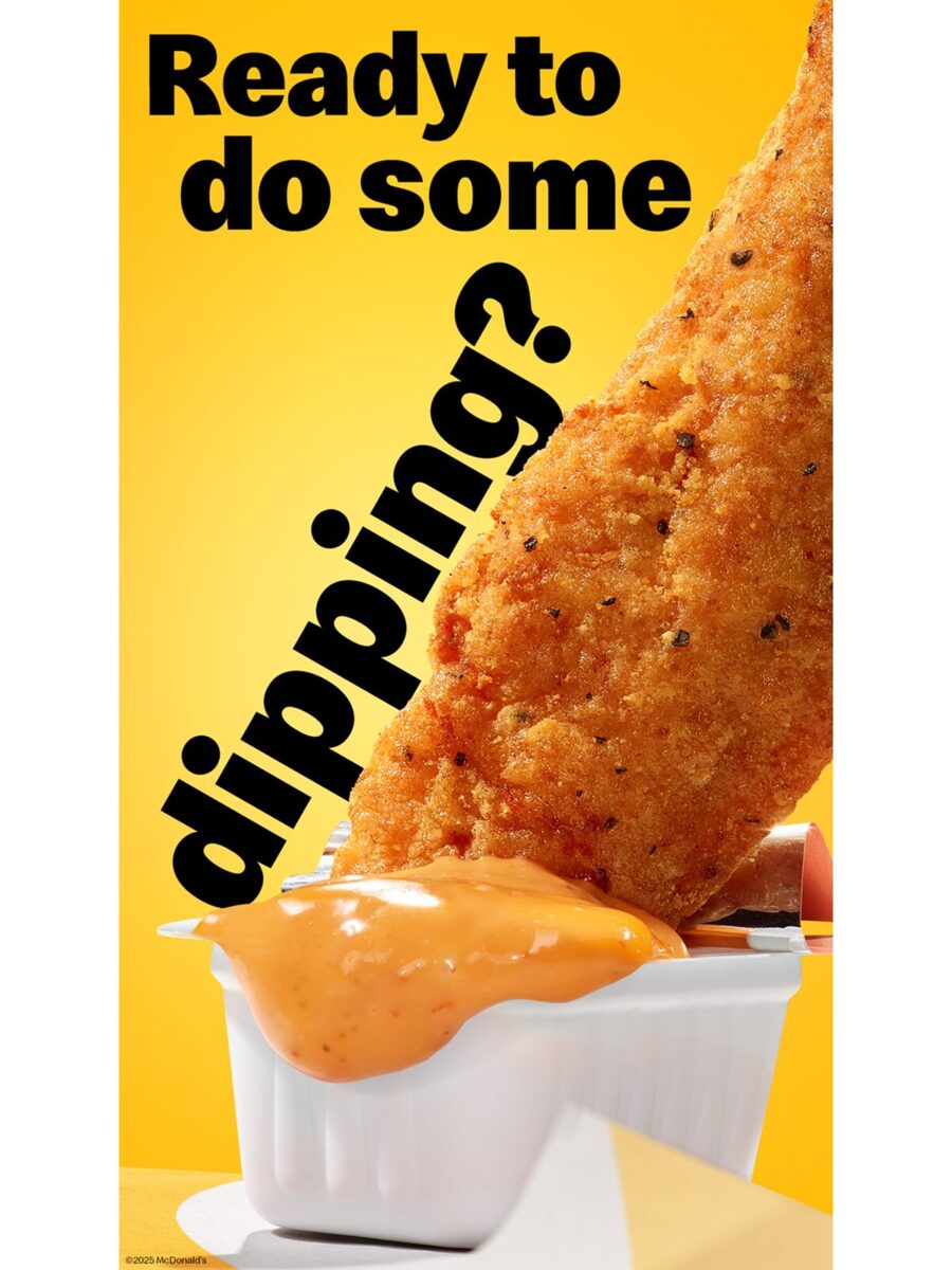 McCrispy Strips retail poster with a chicken strip and the text "ready to do some dipping?"