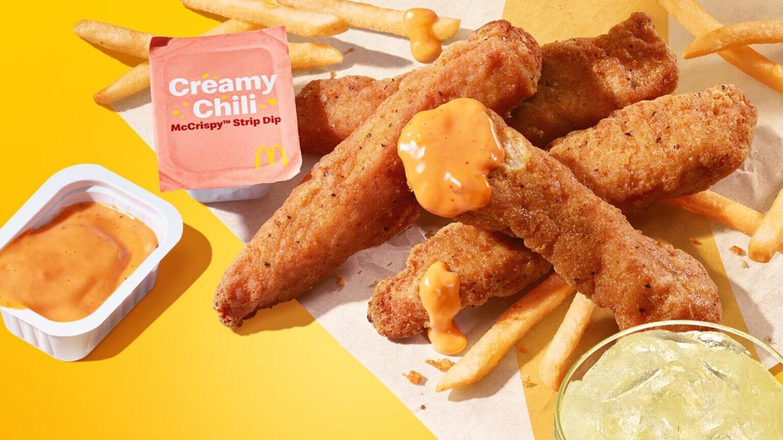 McCrispy Strips with a sauce and lemonade