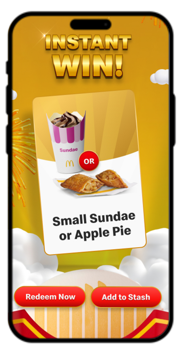 Phone screen with the text "Instant Win" and an image of a small sundae and apple pie below