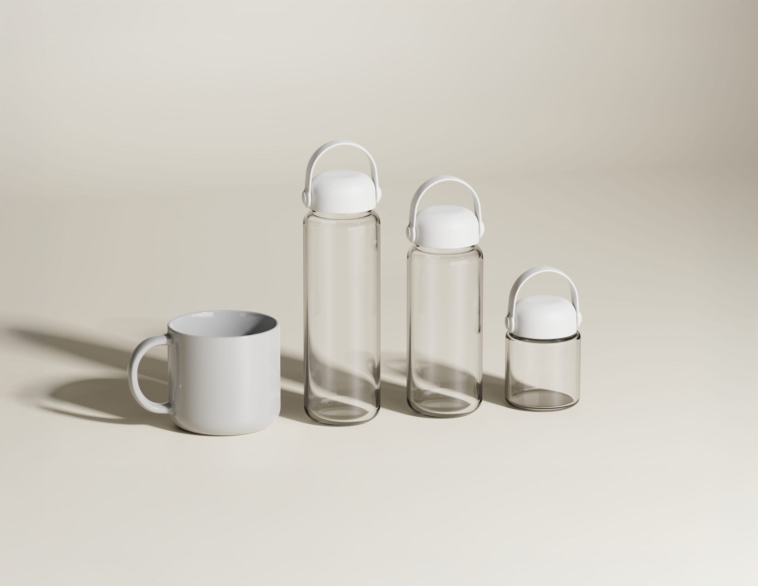 3 clear water bottles and one white mug on the left