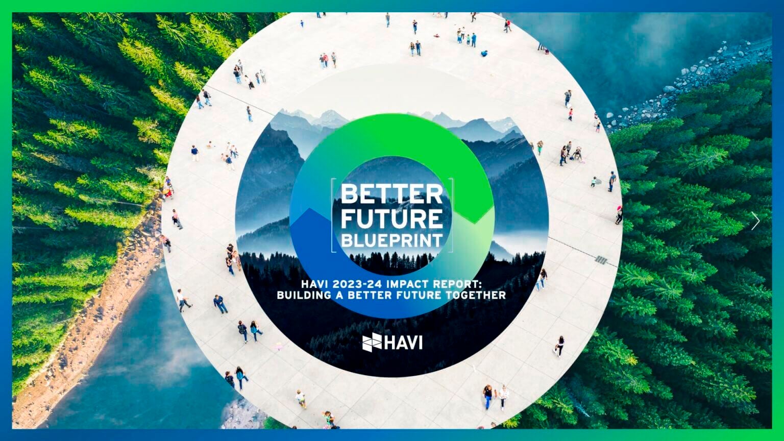 Affiche avec des arbres en arrière-plan et le texte « Better Future Blueprint » au milieu d’un cercle