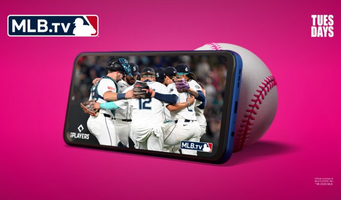 A pink background with an iphone featuring a MLB game