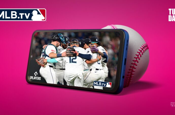 A pink background with an iphone featuring a MLB game