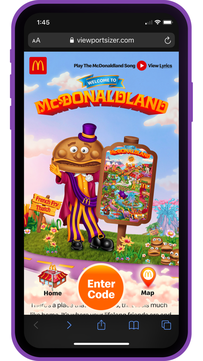 Page d'accueil de McDonaldland sur un écran de téléphone avec le Hamburglar