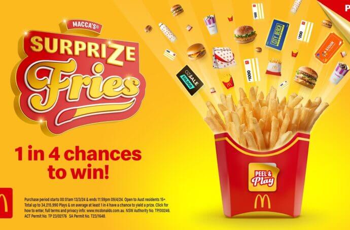 Affiche de la campagne Surprize Fries présentant le logo et une portion de frites à gauche avec des prix qui jaillissent hors du carton.