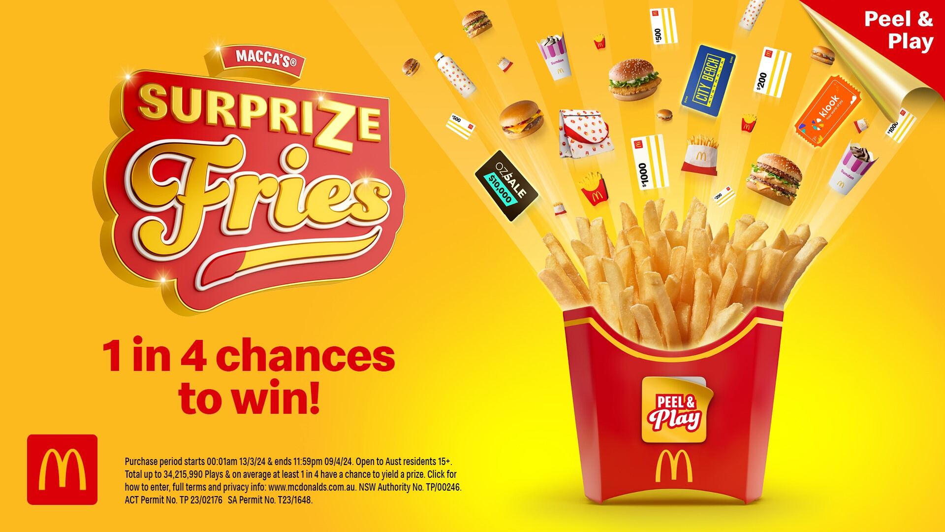 Poster of the Surprize Fries with the logo and a box of fries on the left with prizes flying out of the carton