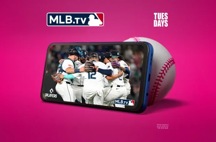 A promotion photo for MLB.TV features a mobile phone leaning up against a baseball.