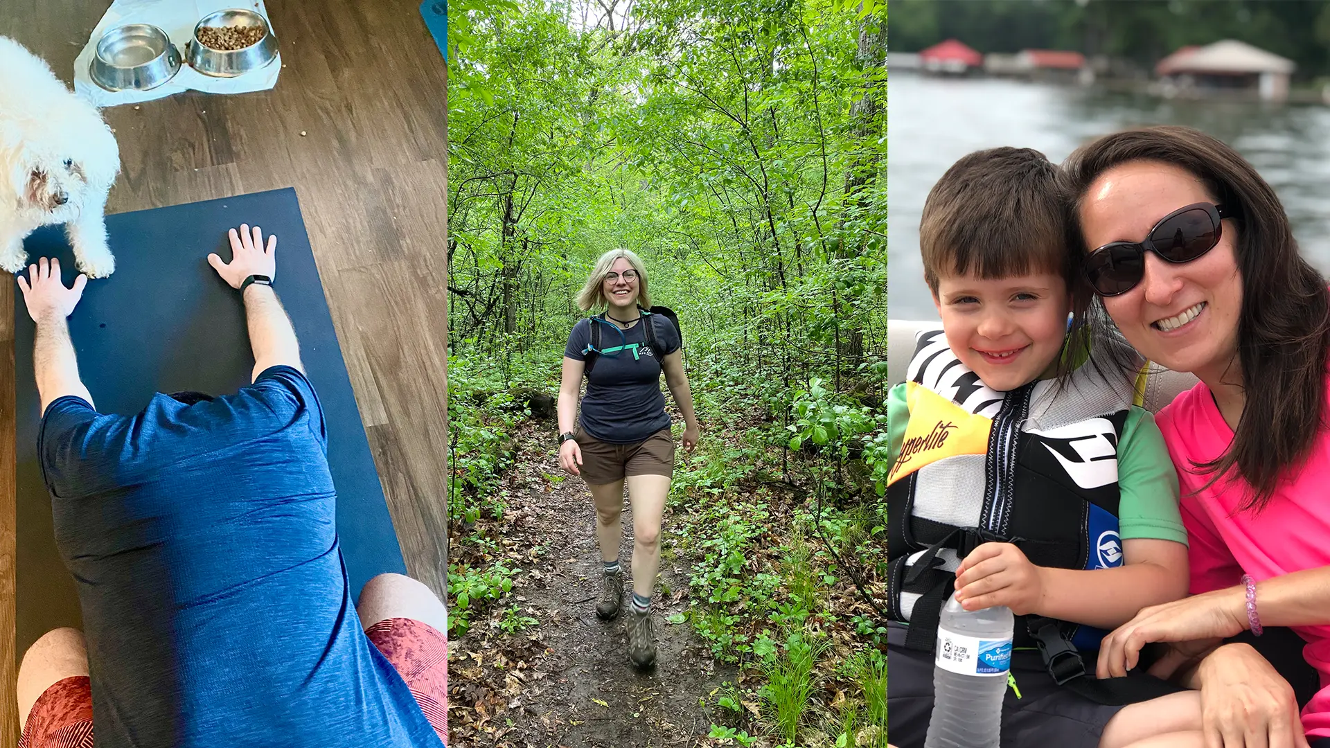 Jen Dilillo doing yoga, hiking, and posing with a young boy