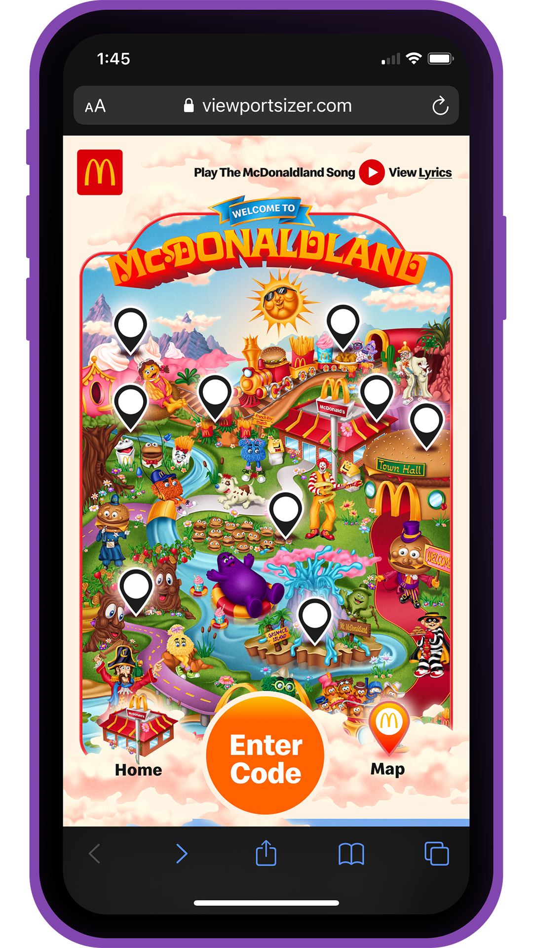 A phone with the McDonaldland map website screen