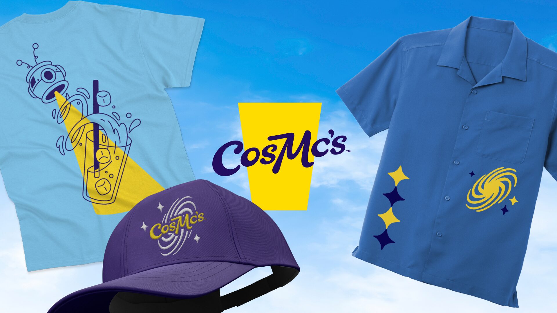 Image of CosMc's team uniforms featuring two shirts and a hat with the logo