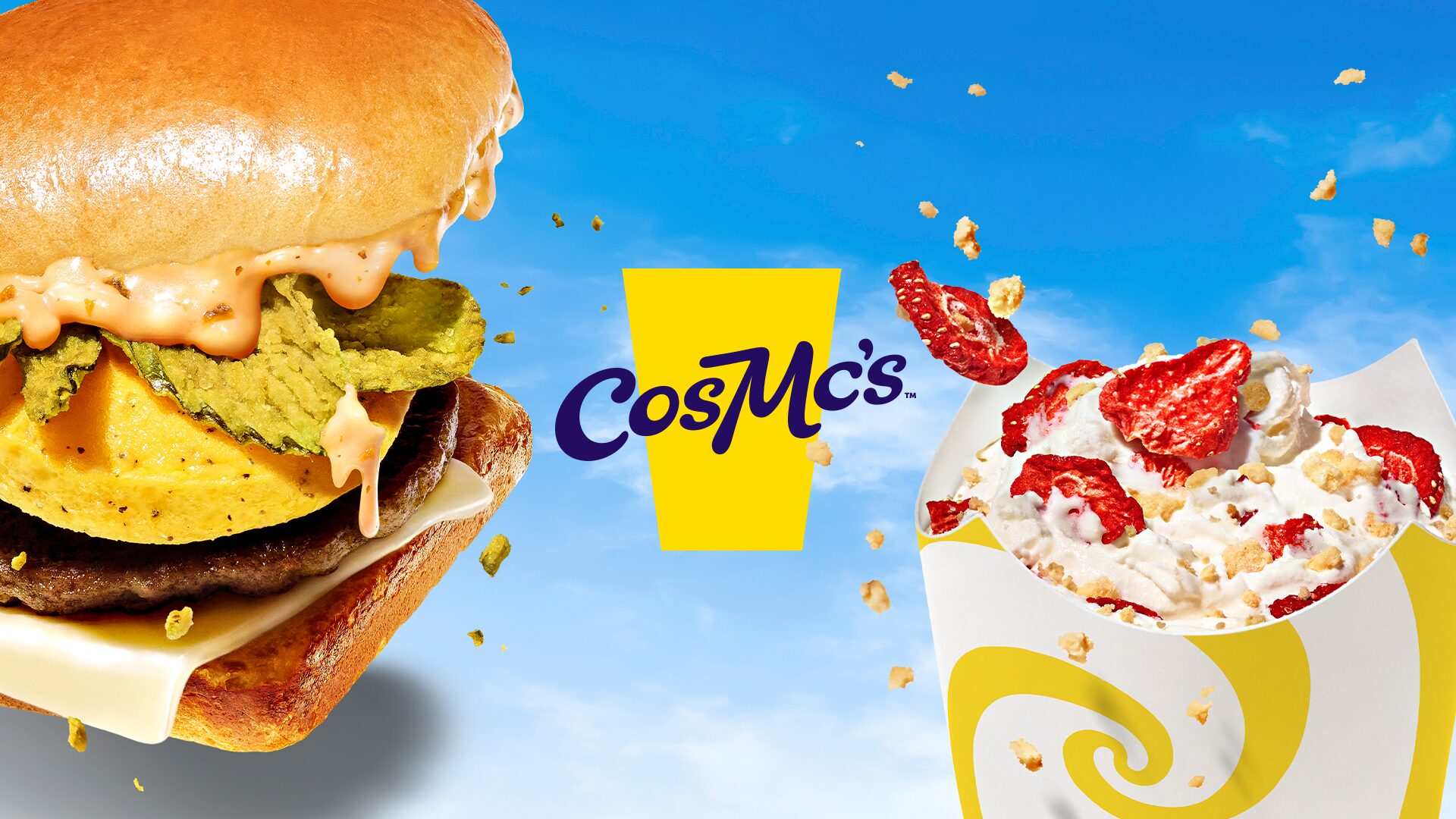 Image of a burger and McFlurry next to the CosMc's logo