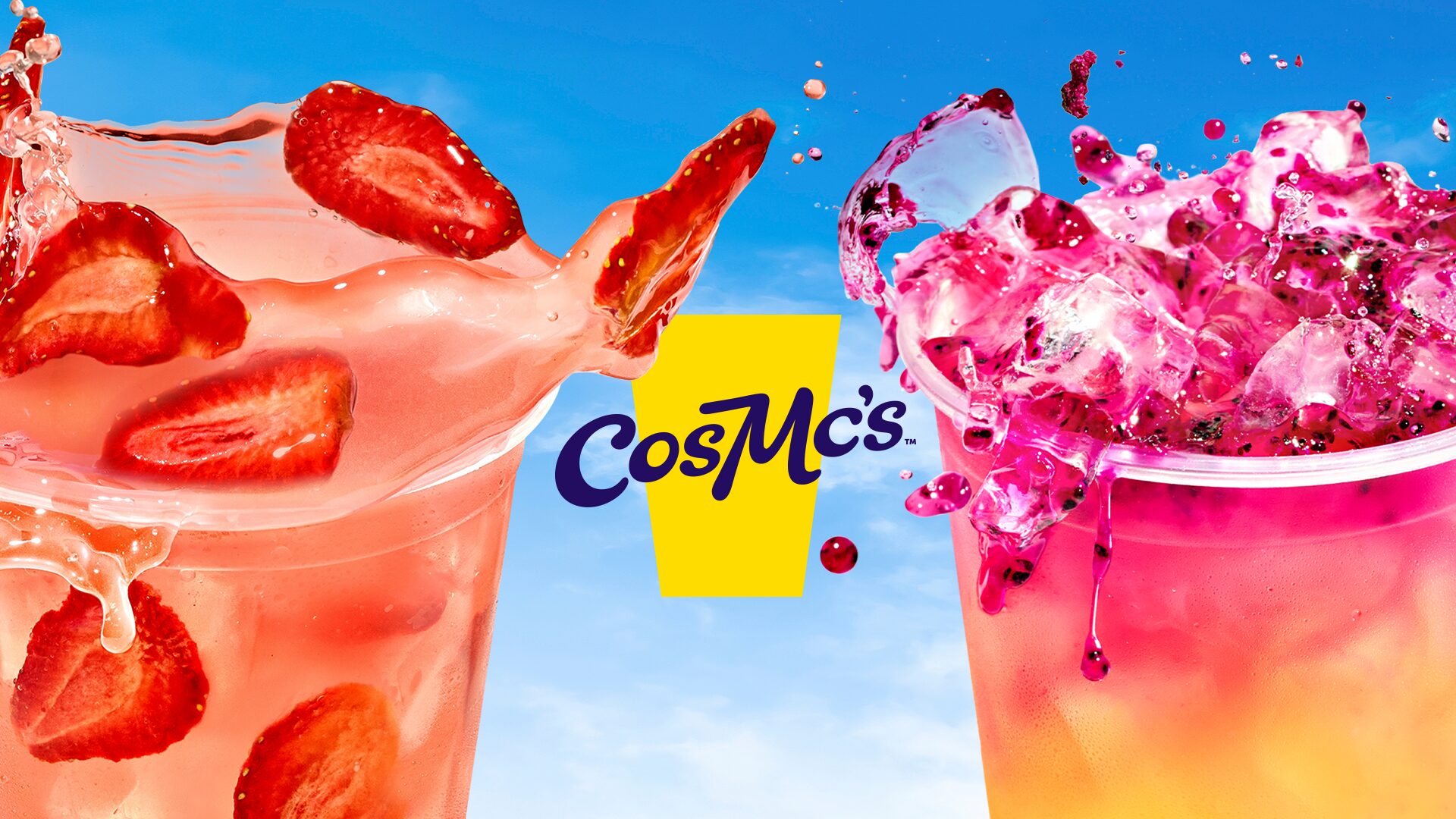 CosMc's poster with two drinks on either side of the CosMc's logo
